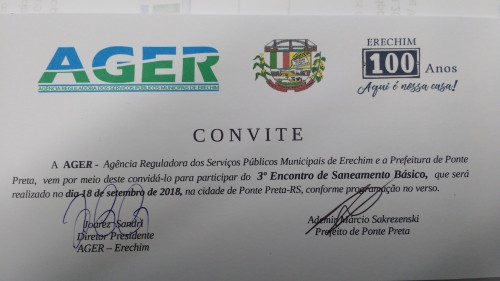 AGER realiza o 3º Encontro de Saneamento Básico no dia 18 de setembro de 2018, ás 08:30 no município conveniado de Ponte Preta.